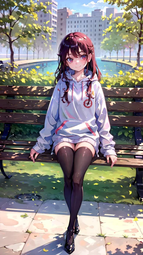 anime girl sitting on a bench in a park with a city in the background