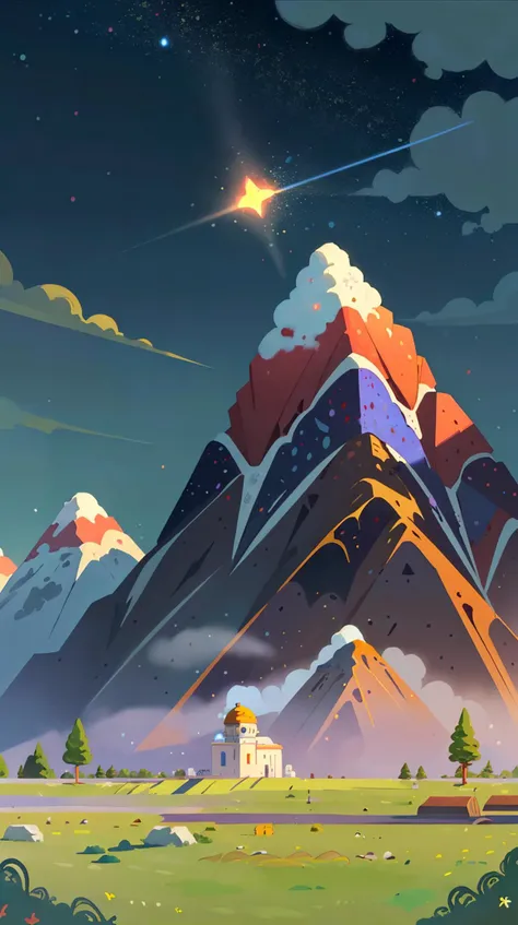 illustration,flat color,Flat style, Radiance Ridge, a mountain range glowing with the refracted light of a diamond-dust storm, the celestial events painting the sky in a myriad of colors,induces curiosity,radiant light of a distant supernova, casting long,...