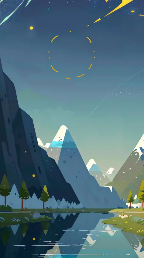 illustration,flat color,Flat style, Transcendental Tundra, a chilly biome that inspires elevated thoughts, fields of gold reflecting the bright sunlight,their ridges sharply outlined by the rhythmic pulsing of a distant star,its lights reflecting off the w...