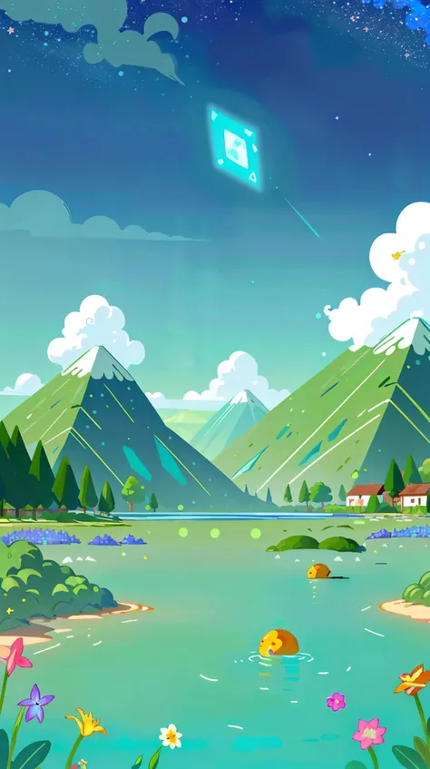 illustration,flat color,Flat style, Meteor Meadow, lush fields dotted with vibrant flowers, but thoughts and dreams of the planets creatures,leading to highly cooperative ecosystems,bathing the shore in turquoise light <lora:Landscape illustration:0.7>, As...