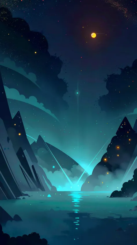 illustration,flat color,Flat style, Comet Canyons, deep red-orange gorges under a sky of trailing comets, the turquoise waters glistening under a moonless night,creating ever-changing ecosystems,flowing into luminescent lagoons <lora:Landscape illustration...