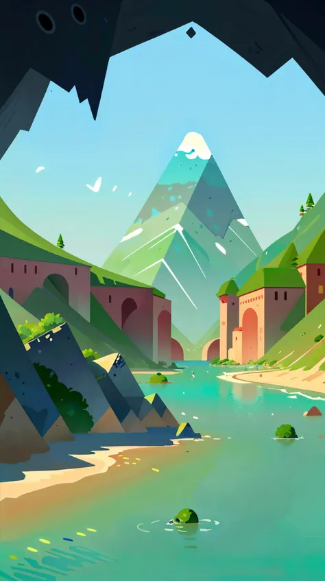 illustration,flat color,Flat style, Flux Fjord, a water-cut valley lit by the eerie green of a gem, creating a surreal desert of blue sand,deep in an ocean of liquid metal,tells a story of the planets history <lora:Landscape illustration:0.7>, chaos,enigma...