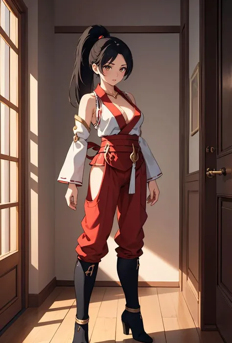 (masterpiece, best quality), 1girl,    <lora:doamomiji-nvwls-v1:0.8> doamomiji, ponytail, sleeveless shirt, cleavage, sash, red pants, hip vents, detached sleeves, boots