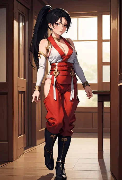 (masterpiece, best quality), 1girl,    <lora:doamomiji-nvwls-v1:0.8> doamomiji, ponytail, sleeveless shirt, cleavage, sash, red pants, hip vents, detached sleeves, boots