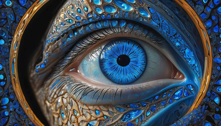 a womans face, bright blue eyes, bathed in a radiant glow, with her features artistically distorted by a complex blue crystal pattern resembling a III-nitride photonic crystal. This pattern should amplify the light from her skin, resulting in a captivating...