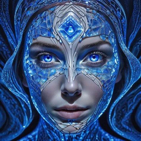 a womans face, bathed in a radiant glow, with her features artistically distorted by a complex blue crystal pattern resembling a III-nitride photonic crystal. This pattern should amplify the light from her skin, resulting in a captivating display of lumine...