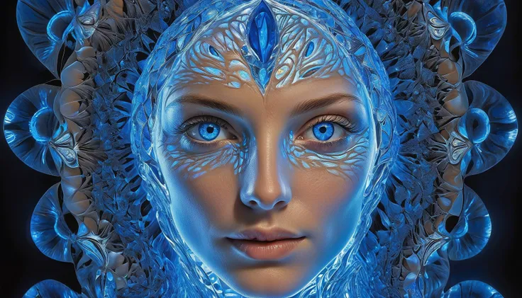 a womans face, bright blue eyes, bathed in a radiant glow, with her features artistically distorted by a complex blue crystal pattern resembling a III-nitride photonic crystal. This pattern should amplify the light from her skin, resulting in a captivating...