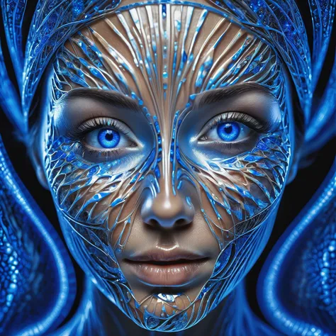 a womans face, bathed in a radiant glow, with her features artistically distorted by a complex blue crystal pattern resembling a III-nitride photonic crystal. This pattern should amplify the light from her skin, resulting in a captivating display of lumine...