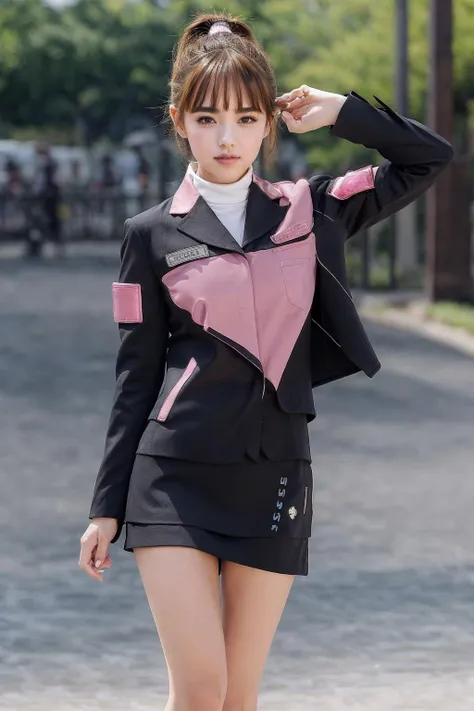 ((masterpiece,best quality)) (extremely detailed CG), (raytracing) (best quality), perfect face, shiny skin, lustrous skin,  depth of field,wide hips, narrow waist,  umeko, brown hair, skirt, ponytail, jacket, boots, pencil skirt, uniform, brown eyes, long...