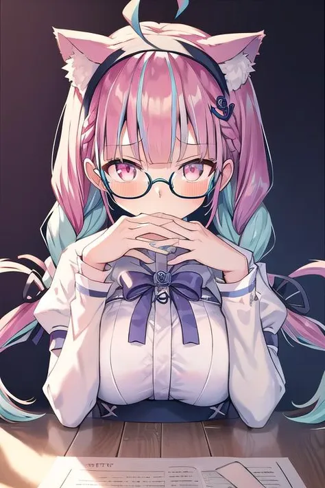 anime girl with pink hair and glasses sitting at a table