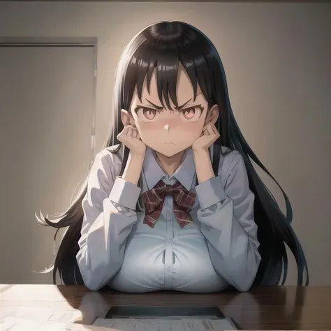 anime girl sitting at a table with her hands on her face