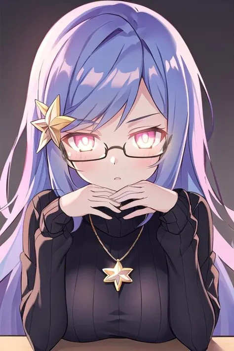 a girl with glasses and a star necklace sitting at a table