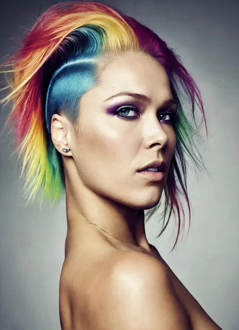 a woman with a colorful mohawk is posing for a picture