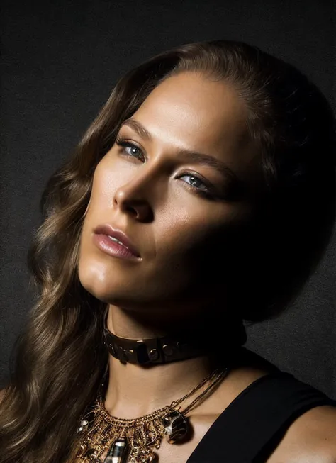 a close up of a woman with a necklace and a necklace on