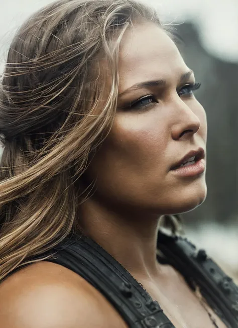 a close up of a woman with long hair and a black top