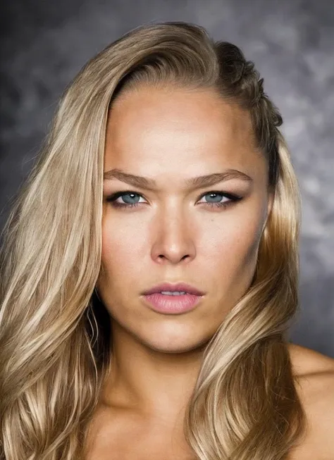 a close up of a woman with long blonde hair and a black dress