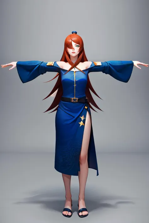 a woman in a blue dress with long red hair and a sword