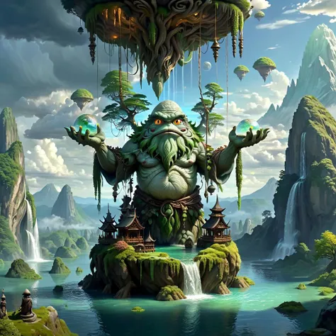 (masterpiece, best_quality, ultra-detailed, immaculate:1.3), epic, illustration, Magical floating islands with translucent giant PEPE mega-physique guardian  watching over earth, solo, outdoors, sky, cloud, water, armor, glowing, , cloudy sky, staff, glowi...