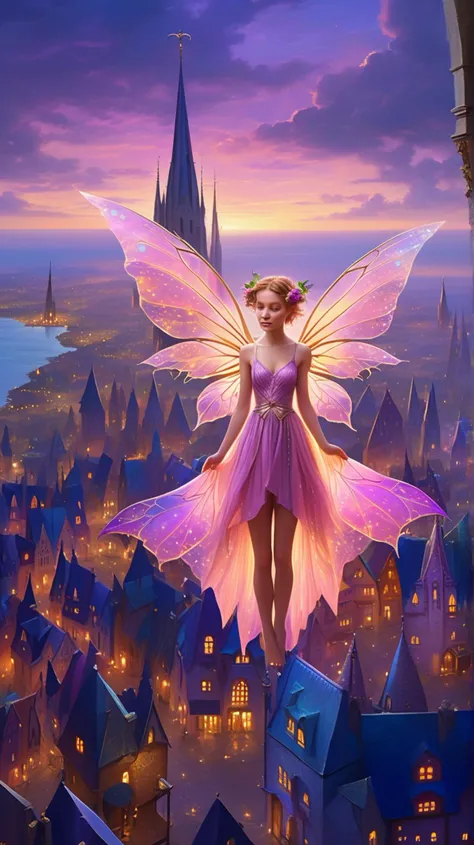 [(melancholic (((19-year-old fae))) with wings resembling aged parchment], [yearning for forgotten magic]:1.1) (above the mesmerizing expanse of a floating city its spires gleaming under the twilight:1.3)