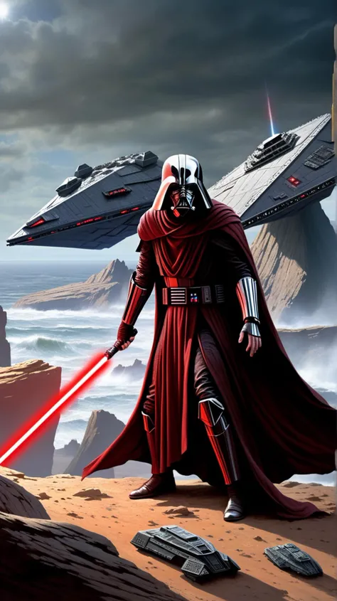 [(brooding (((29-year-old Sith acolyte))) with a half-mask hiding scars], [obsessed with vengeance]:1.1) (on a desolate, rocky outcrop, summoning a fleet of Star Destroyers with the mere wave of his hand:1.3)