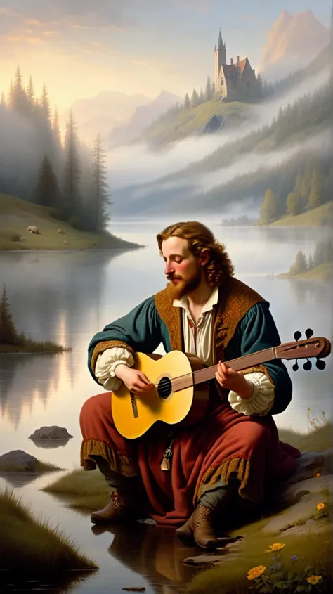 [(sorrowful (((30-year-old bard))) with deep-set eyes], [whispering tales of lost loves]:1.1) (at the edge of a fog-covered lake, his music melding with the laments of the wind:1.3)