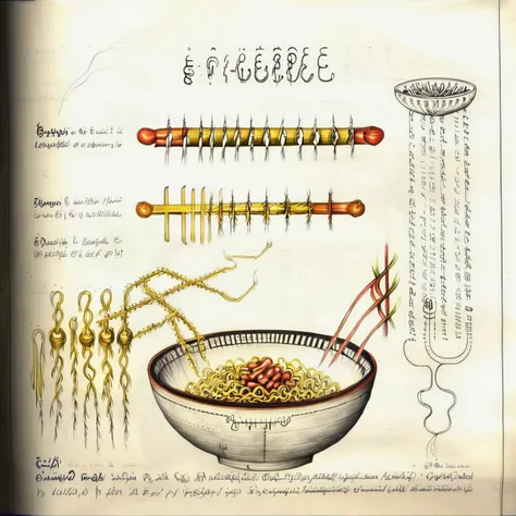 serafini style drawing scientific <lora:Serafini_Style:1> bowl of noodles, diagram,