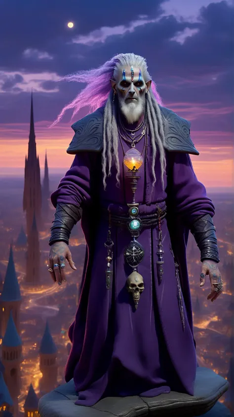 [(enigmatic (((50-year-old necromancer))) with silver-streaked hair and dark tattoos], [channeling ancient spirits]:1.1) (above the mesmerizing expanse of a floating city its spires gleaming under the twilight:1.3)