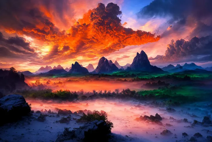 a painting of a sunset over a mountain range with a lake