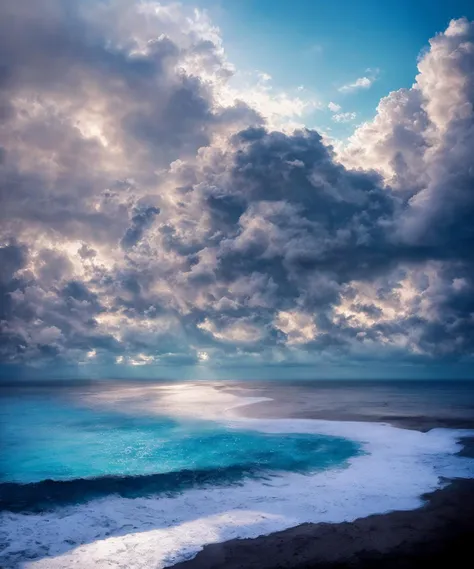 a close up of a beach with a body of water and clouds