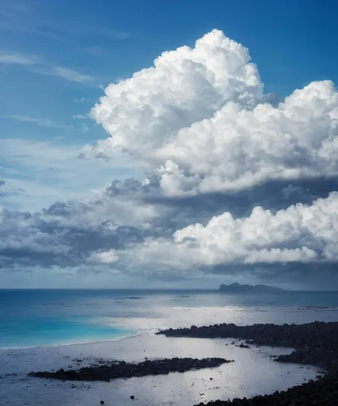 arafly clouds over a body of water with a beach in the background