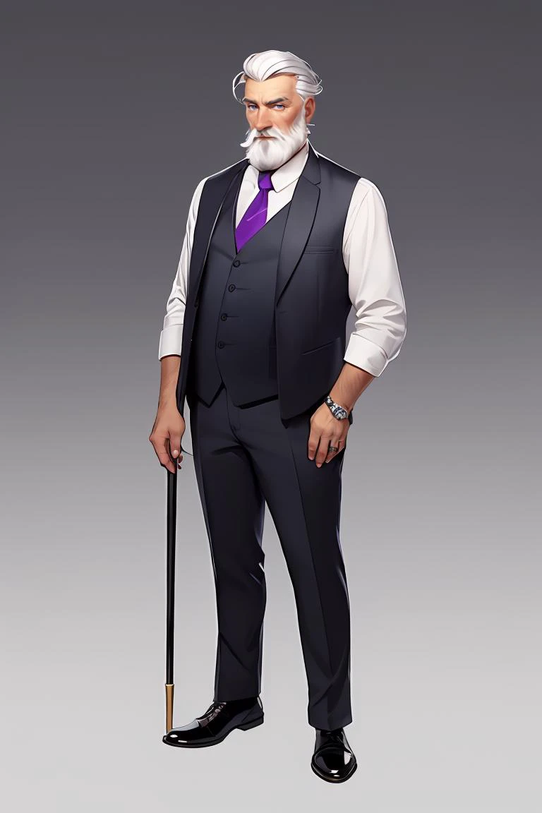 European and American cartoons, game characters, original designs, 1boy, male focus, old, facial hair, ring, jewelry, old man, necktie, cane, formal, mustache, gradient background, wrinkled skin, gradient, full body, suit, white hair, vest, beard, standing...