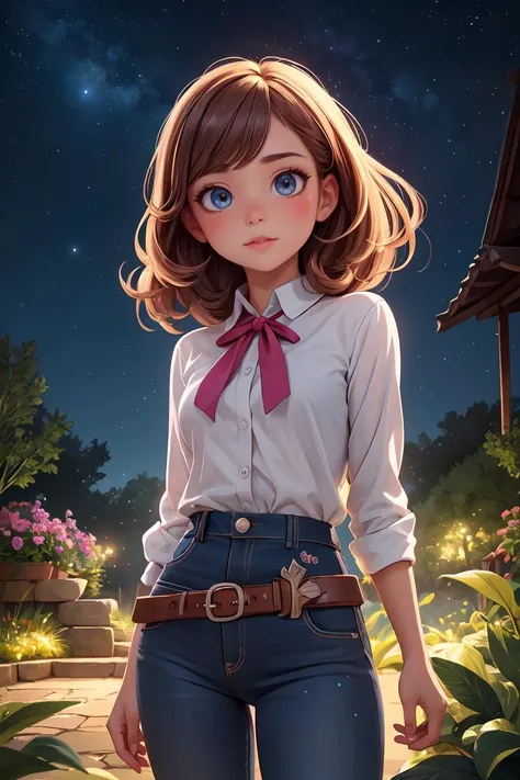 Cowboy Shot,beautiful and detailed illustration,pop art,masterpiece,best quality,ultra-detailed,soft lighting,<lora:add_detail:0.3>,1 girl,shy face,starry sky,garden background,glossy eyes,cinematic shot,vibrant colors,gorgeous colors,dynamic action pose,<...