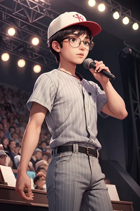 (masterpiece, best quality:1.4), detailed background,(masterpiece, best quality:1.4), (beautiful, aesthetic, perfect, delicate, intricate:1.2),1man, hat, glasses, male focus, striped shirt, baseball cap, striped, shirt, solo, (stage background:1.2) ,colore...