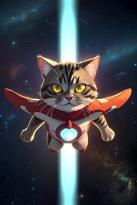 highres, 8k, absurdres, solo, 1cat, non_human, cat, (Chartreux:1.5), solo, from above, (Ultraman_Rise:1.5), (clenched hand:1.4), space background,  looking at viewer, upper body, flying cat, flying, ((tokusatsu)), <lora:Ultraman_Rise_v2-000005:0.75>,