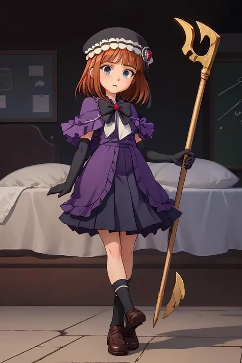 (masterpiece, best quality), 1girl,   <lora:EvaBeatrice:0.8> eva beatrice,  ushiromiya staff, elbow gloves, frills, hat, purple cloak, red ribbon, black boots, blue cardigan, loafers, school skirt, serafuku, socks, white ribbon