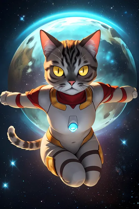 highres, 8k, absurdres, solo, 1cat, non_human, cat, (Chartreux:1.5), solo, from above, (Ultraman_Rise:1.5), (clenched hand:1.4), space background,  looking at viewer, upper body, flying cat, flying, ((tokusatsu)), <lora:Ultraman_Rise_v2-000005:0.75>,