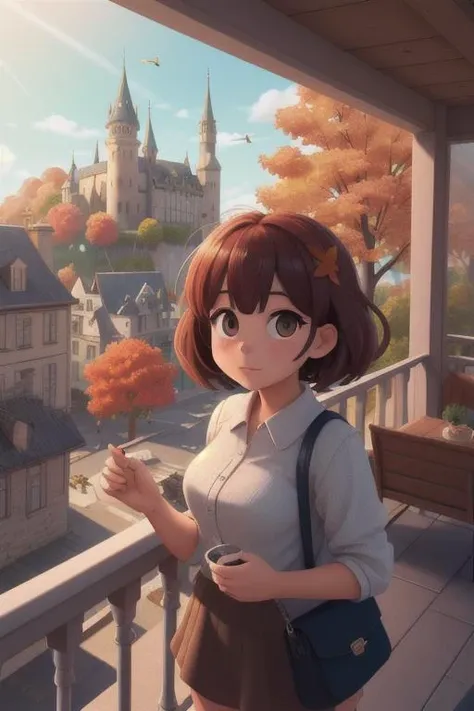 1girl, on balcony, looking at viewer, a castle in the distance, bird eyes view, autumn, architecture, birds, people, scenery, towers, trees, sunny, day, far away view, Direct light, Selective focus, ((illustration)), perfect details, light particles, chrom...