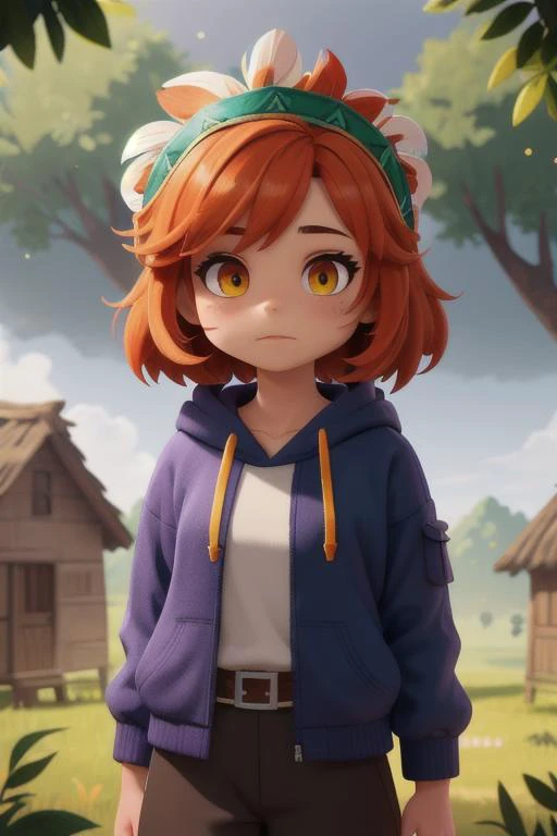 extreme quality, cg, detailed face+eyes, (bright colors:0.9), a cute demon girl standing, (feudal tribal village in the forest:1.1), (tan skin), colored outlines, hair down, orange hair, green, masterpiece, 8k, (tone mapping, hyper focus:0.7), violet, look...