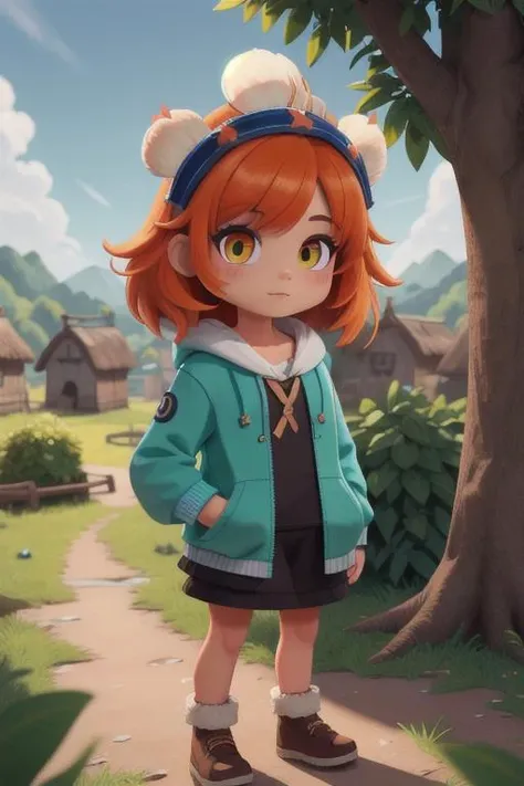 extreme quality, cg, detailed face+eyes, (bright colors:0.9), a cute demon girl standing, (feudal tribal village in the forest:1.1), (tan skin), colored outlines, hair down, orange hair, green, masterpiece, 8k, (tone mapping, hyper focus:0.7), violet, look...