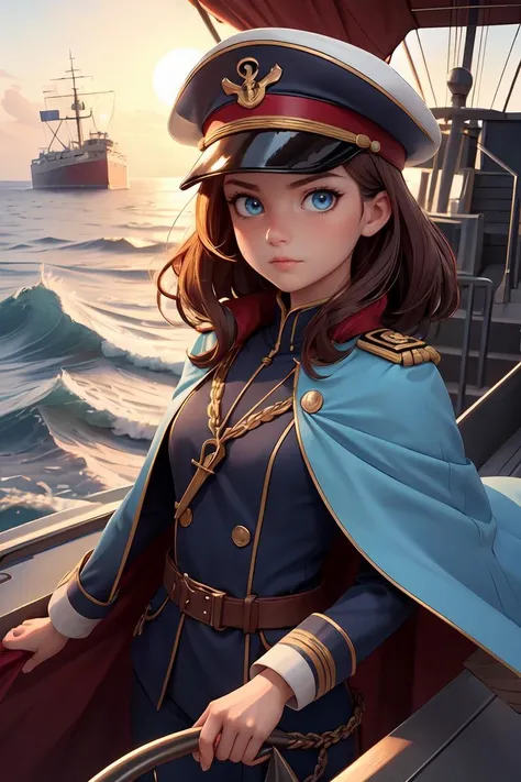 a woman in a sailor's outfit on a boat with a ship in the background