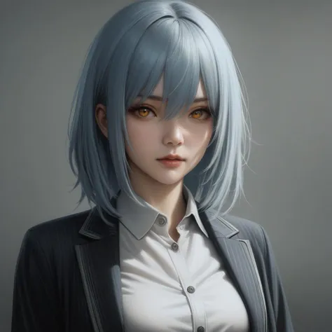 realistic,photography aesthetic,masterpiece,best quality,very aesthetic,absurdres,simple background,grey background,1girl,yellow eyes,light blue hair,bangs,hair between eyes,medium hair,long sleeves,grey button open coat,white button shirt,