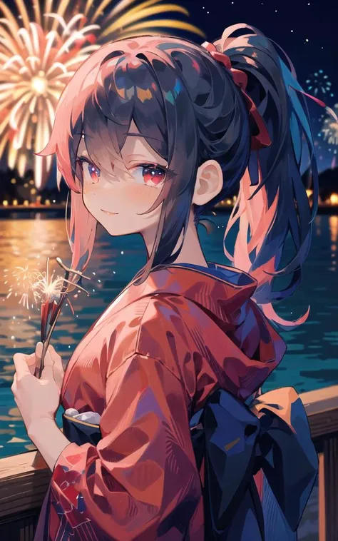 a girl with long hair and a red kimono stands near a body of water