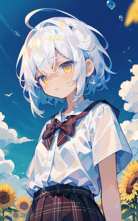 a girl with white hair and a bow tie standing in a field of sunflowers