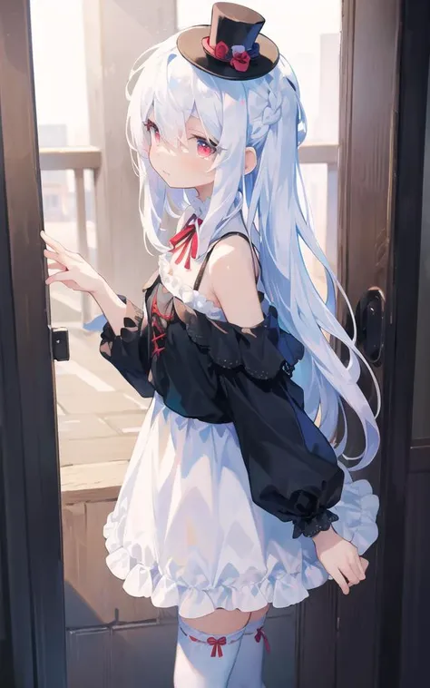 (masterpiece), (best quality),(illustration), from side,colorful,

1girl, beautiful red eyes,detailed long (white hair:1.5),
,white door,building behind,dress,best quality,long white hair,(mini top hat),detailed red eyes,hair between eyes,braid,french brai...