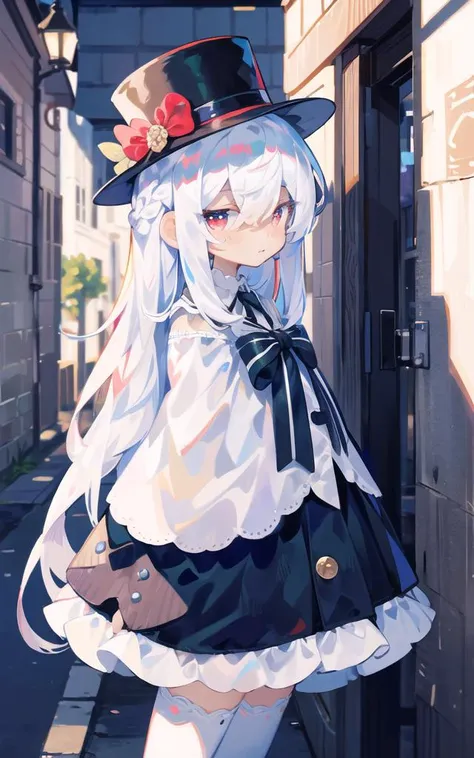 (masterpiece), (best quality),(illustration), from side,colorful,

1girl, beautiful red eyes,detailed long (white hair:1.5),
,white door,building behind,dress,best quality,long white hair,(mini top hat),detailed red eyes,hair between eyes,braid,french brai...