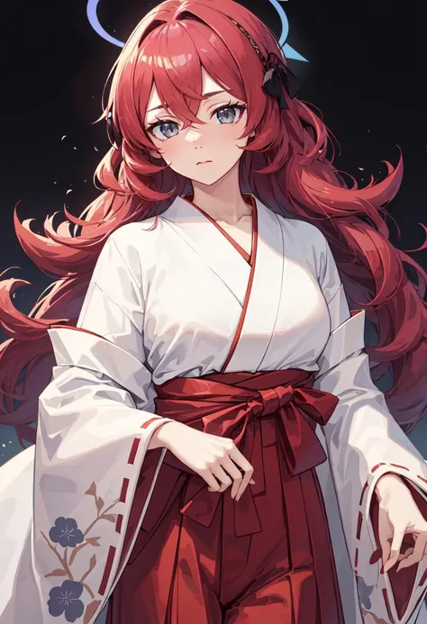 best quality, masterpiece, highres, solo, (iroha_bluearchive:1.10), (white kimono:1.35), (red hakama:1.35), (wide sleeves:1.20), 21 <lora:iroha_bluearchive:0.80>