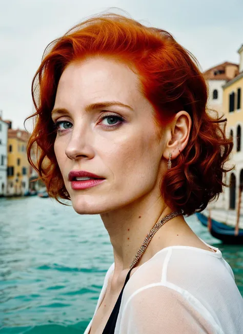 portrait of ((sks woman)) by Flora Borsi in venice, at the river, style by Flora Borsi, bold, bright colours, Mohawk haircut, ((Flora Borsi))  <lora:locon_jessicachastain_v1_from_v1_64_32:1> by Ansel Adams