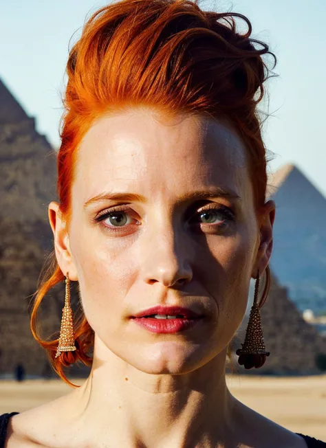 portrait of ((sks woman)) by Flora Borsi in egypt, pyramids in the background style by Flora Borsi, bold, bright colours, Mohawk haircut, ((Flora Borsi))  <lora:locon_jessicachastain_v1_from_v1_64_32:1> by Peter Lindbergh