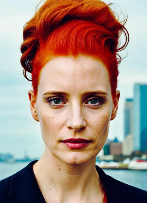 portrait of ((sks woman)) by Flora Borsi in new york, statue of liberty in background style by Flora Borsi, bold, bright colours, Mohawk haircut, ((Flora Borsi))  <lora:locon_jessicachastain_v1_from_v1_64_32:1> by Peter Lindbergh