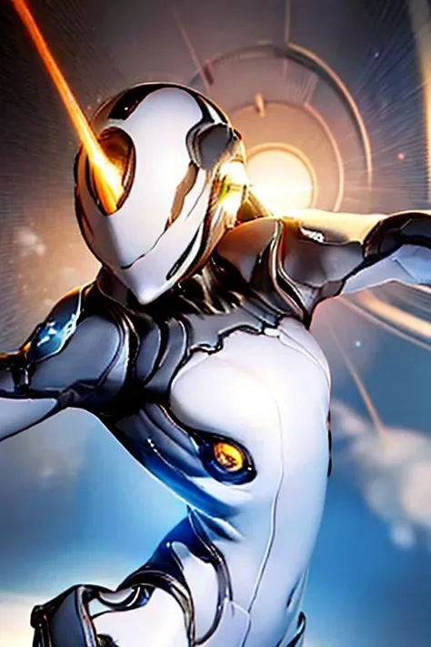 a close up of a person in a futuristic suit flying through the air